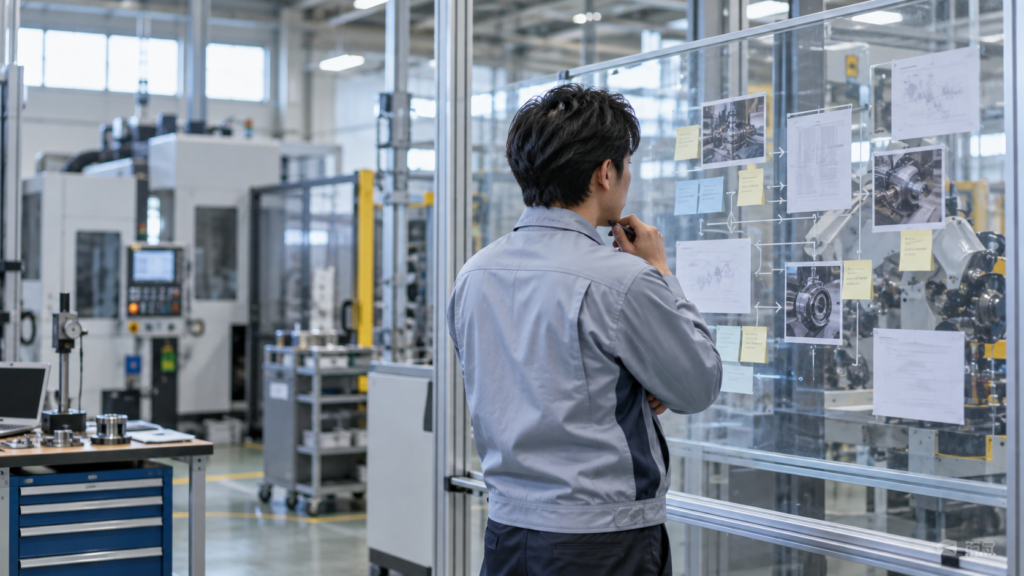 生産設備の前で現象と原因を整理する技術者